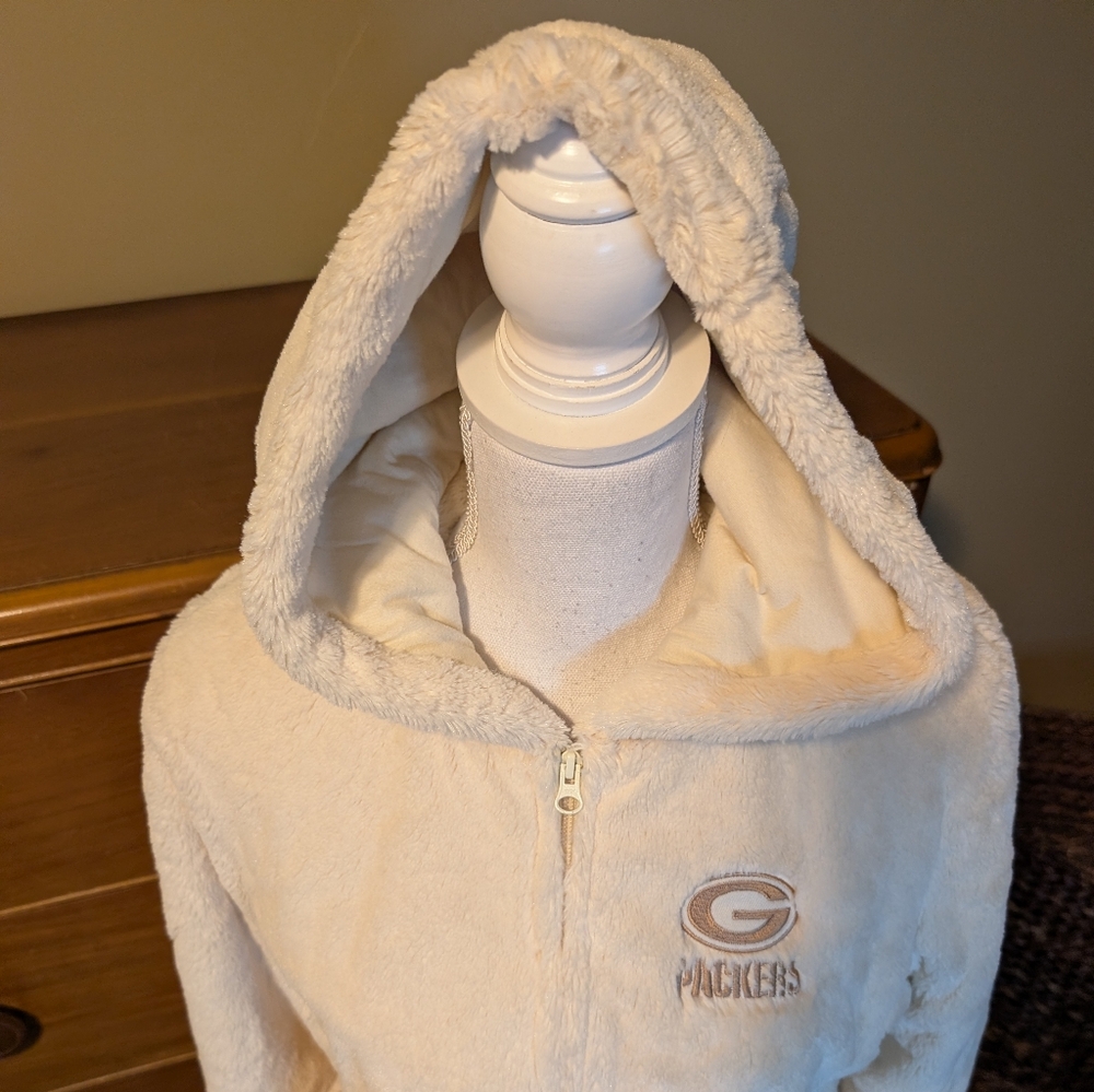 Womens NFL GREEN BAY PACKER Full Zip Logo Cream Faux Fur Jacket SZ M - Picture 3 of 14